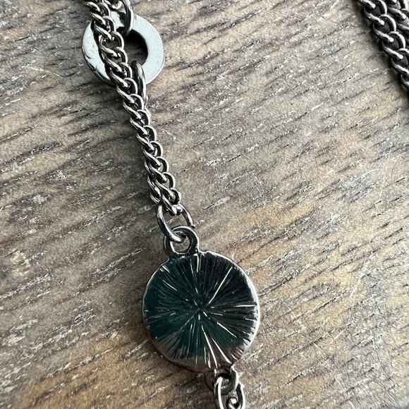 Long Dichroic Peacock Blue Shimmery Pendant Necklace on Silver Adjustable Chain - Picture 5 of 9